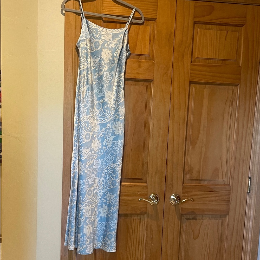 Elegant Blue Cream and Light Blue Paisley Slip Dress